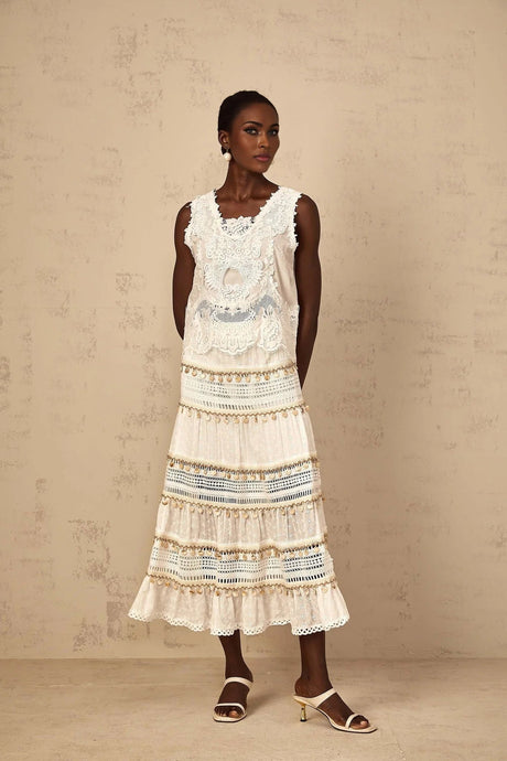 Aspen Skirt with Delicate Lace Trim in White