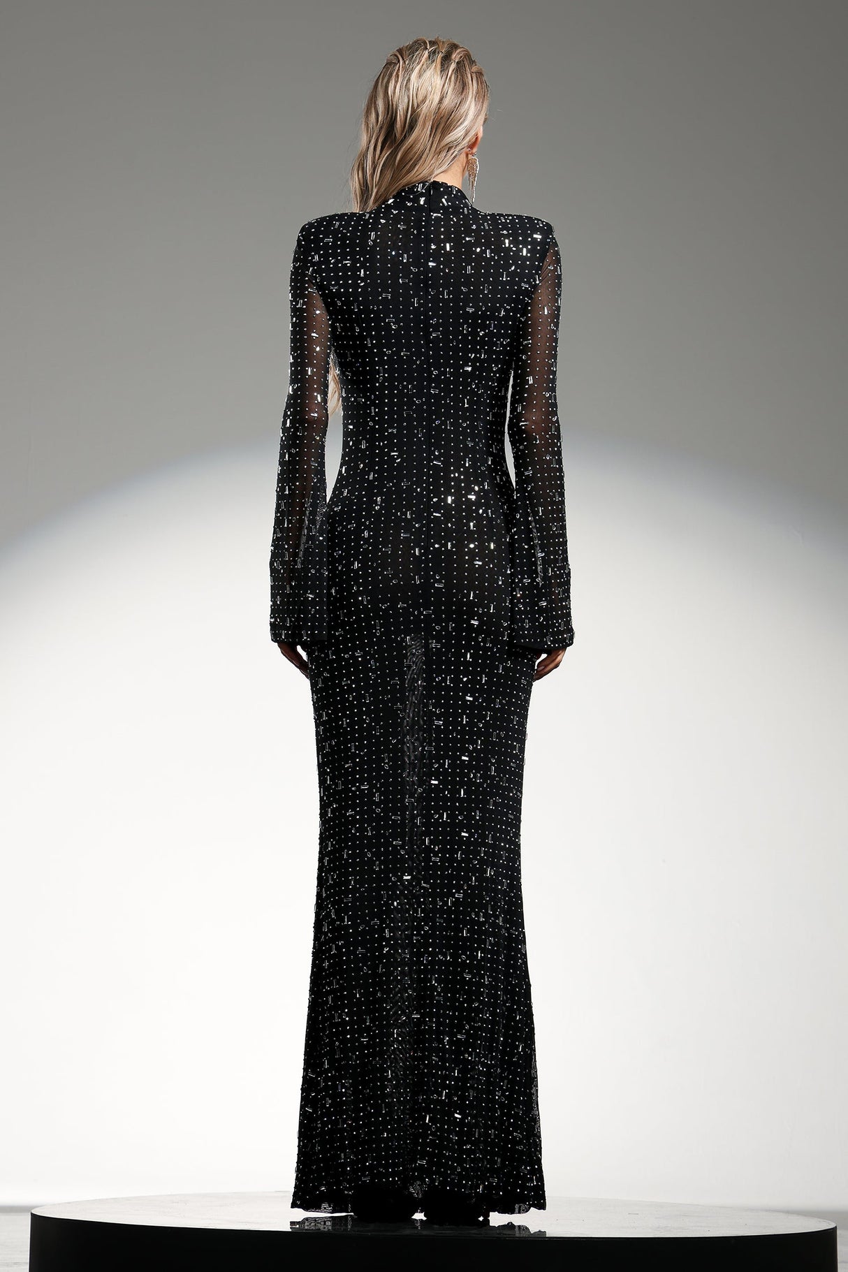 Assunta Black Formal Maxi Dress with High Neckline and Diamond Detailing