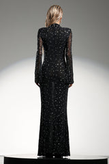 Assunta Black Formal Maxi Dress with High Neckline and Diamond Detailing
