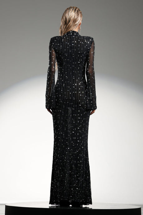 Assunta Black Formal Maxi Dress with High Neckline and Diamond Detailing