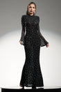 Assunta Black Maxi Dress High Neckline Long Sleeve Diamond Detail Fitted Silhouette Flared Skirt Gala Wedding