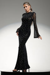 Assunta Black Maxi Dress High Neckline Long Sleeves Diamond Detail Fitted Silhouette Flared Skirt Gala Wedding Formal Occasion