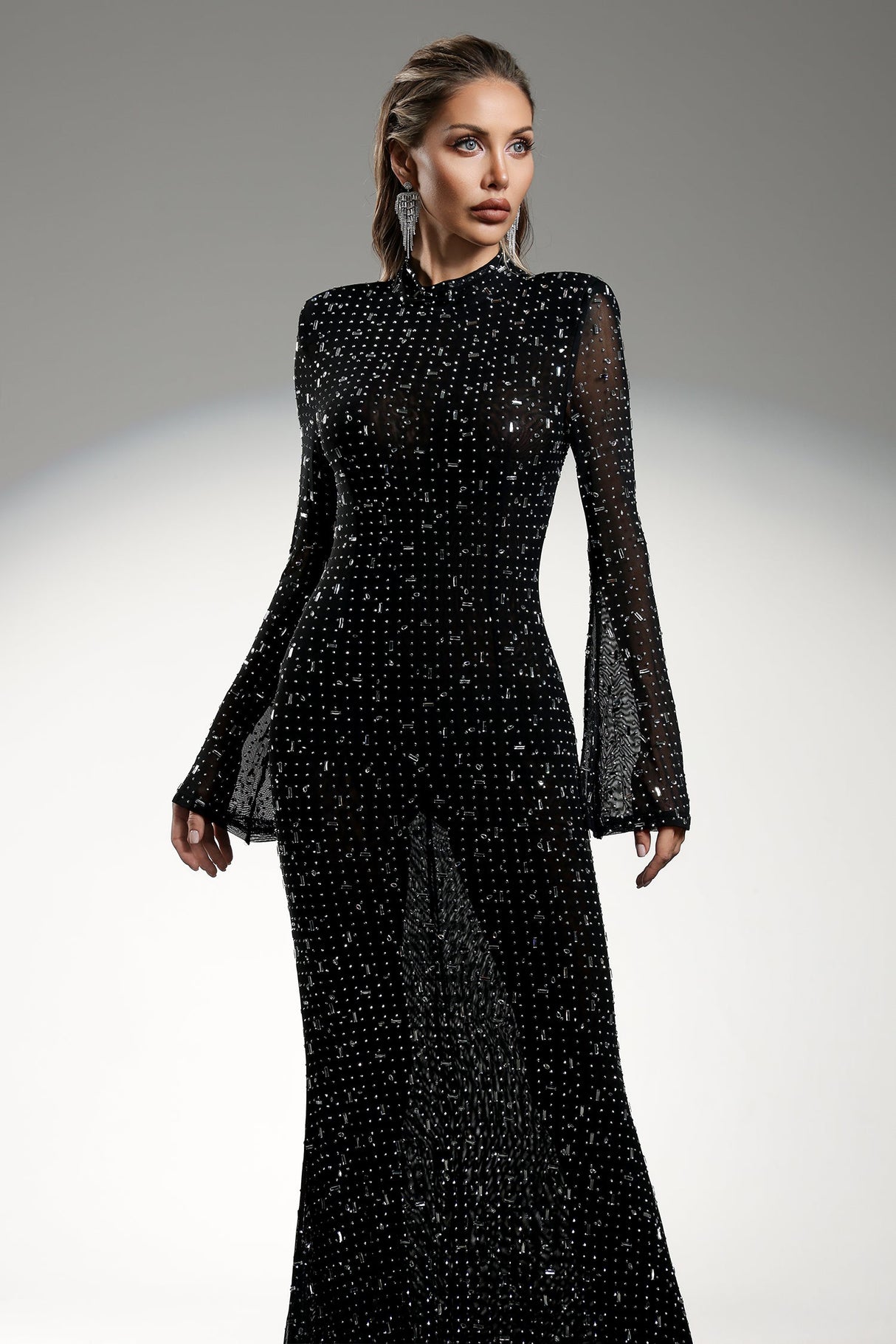 Assunta Black Maxi Dress with High Neckline and Diamond Detailing for Formal Occasions