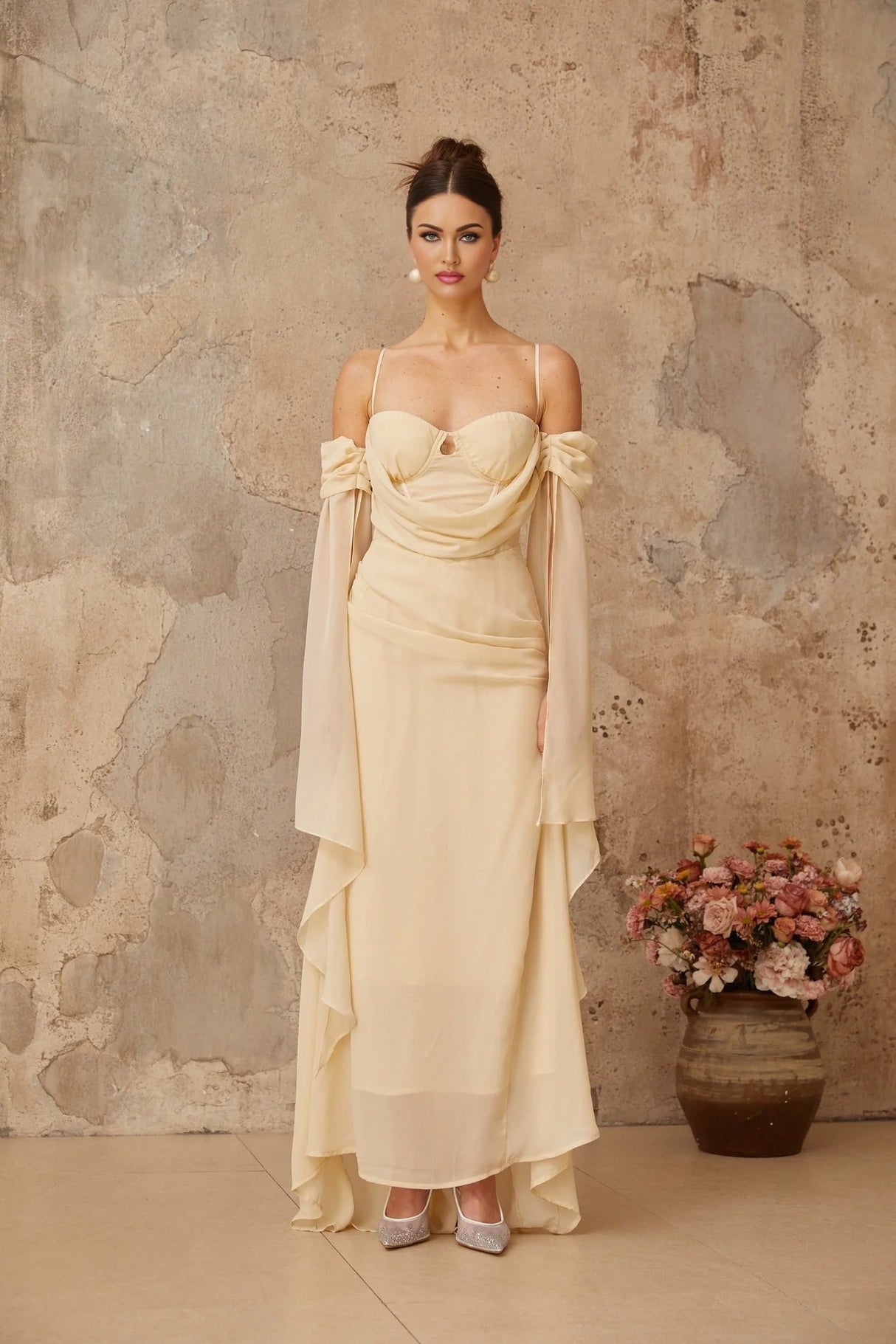 Assunta Maxi Dress Cold Shoulder Sweetheart Neckline & Ruched Detailing