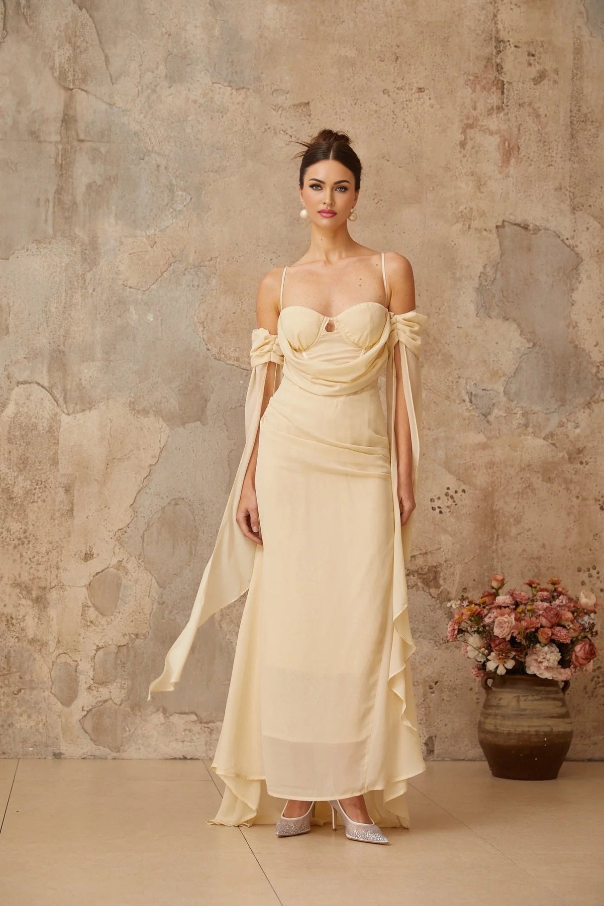 Assunta Maxi Dress Cold Shoulder Sweetheart Neckline & Ruched Detailing