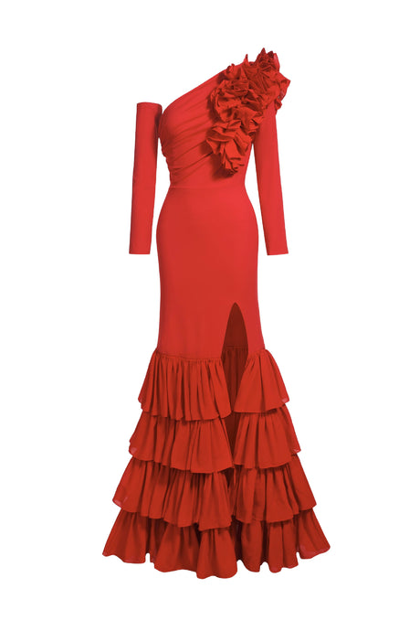 Assunta Red One-Shoulder Ruffle Detail Dress for Women