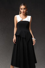 Assuntina Black Color Block Maxi Dress with Irregular Hemline and Hollow Out Detail