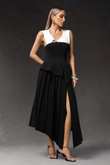Assuntina Black Maxi Dress with Irregular Hemline and Hollow Out Detail