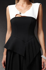 Assuntina Black Maxi Dress Irregular Hemline Sleeveless Hollow Out Detail Color Block Effect Structured Bodice High Quality Materials Elegant Modern Design Chic Daytime Evening Events Gatherings