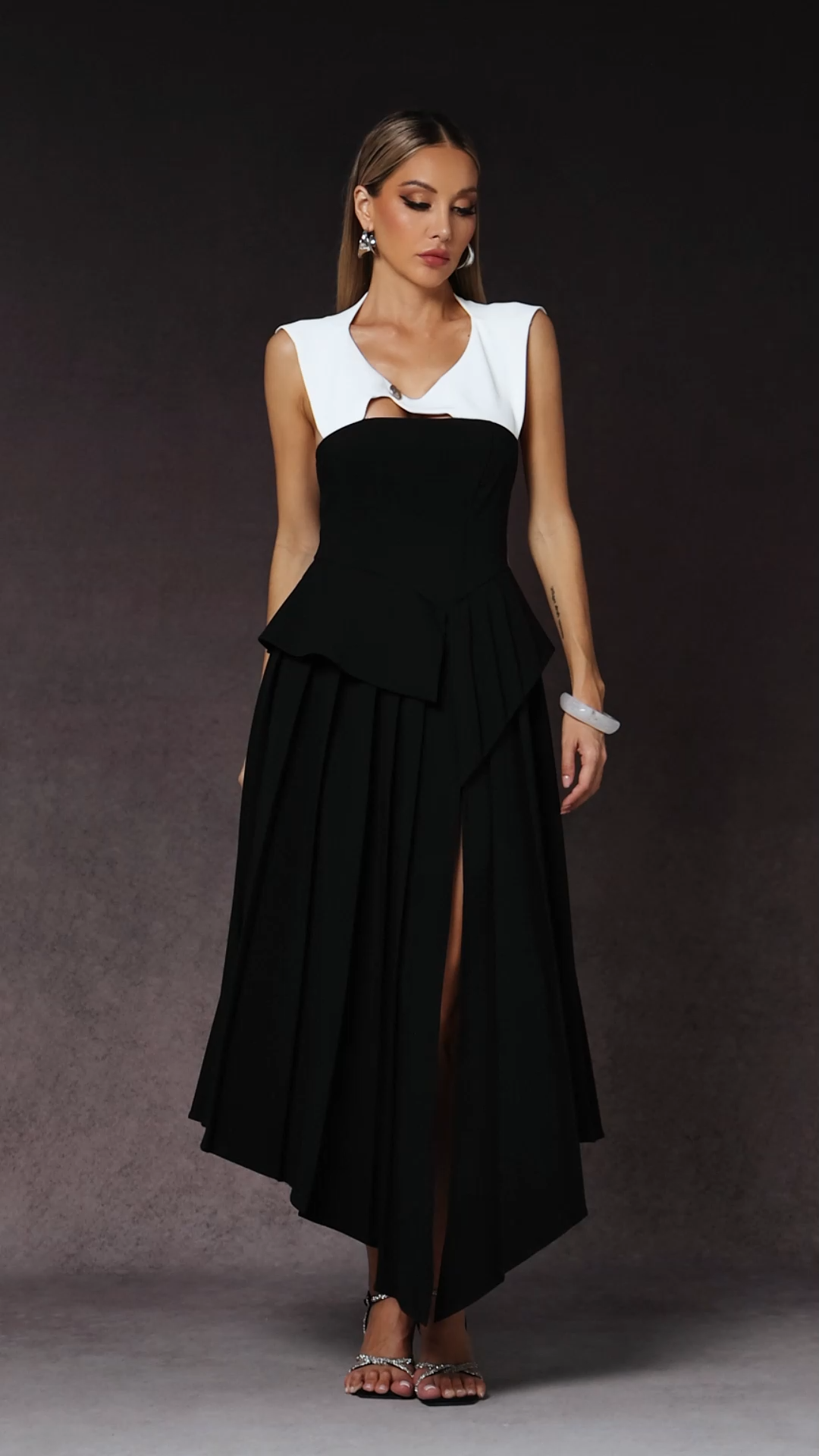 Assuntina Black Maxi Dress with Irregular Hemline and Hollow Out Detail