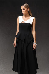 Assuntina Black Maxi Dress with Irregular Hemline and Hollow Out Detail