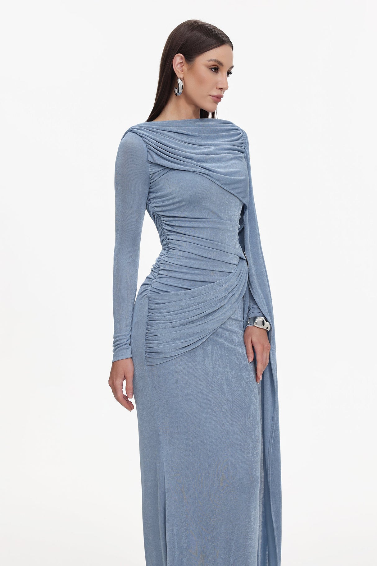 Assuntina Blue Maxi Dress Elegant Sophisticated Ruched Detailing Asymmetrical Neckline Floor Length Special Occasion Wedding Gala Soiree Glamorous