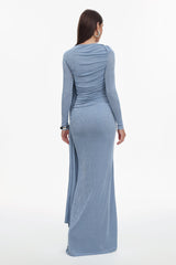 Assuntina Blue Maxi Dress with Long Sleeves and Ruched Detailing for Special Occasions