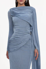 Assuntina Blue Maxi Dress with Ruched Detailing and Asymmetrical Neckline for Special Occasions