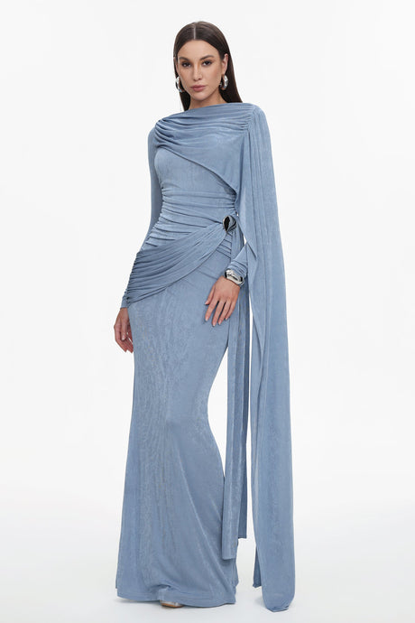 Assuntina Blue Maxi Dress Elegance Sophistication Long Sleeve Ruched Detailing Asymmetrical Neckline Formal Events Glamorous Wedding Gala Soiree