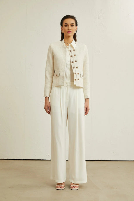 Assuntina Jacket - Tweed - Sequin Embellishments - Buttoned Cuffs - Double - Breasted Fastening
