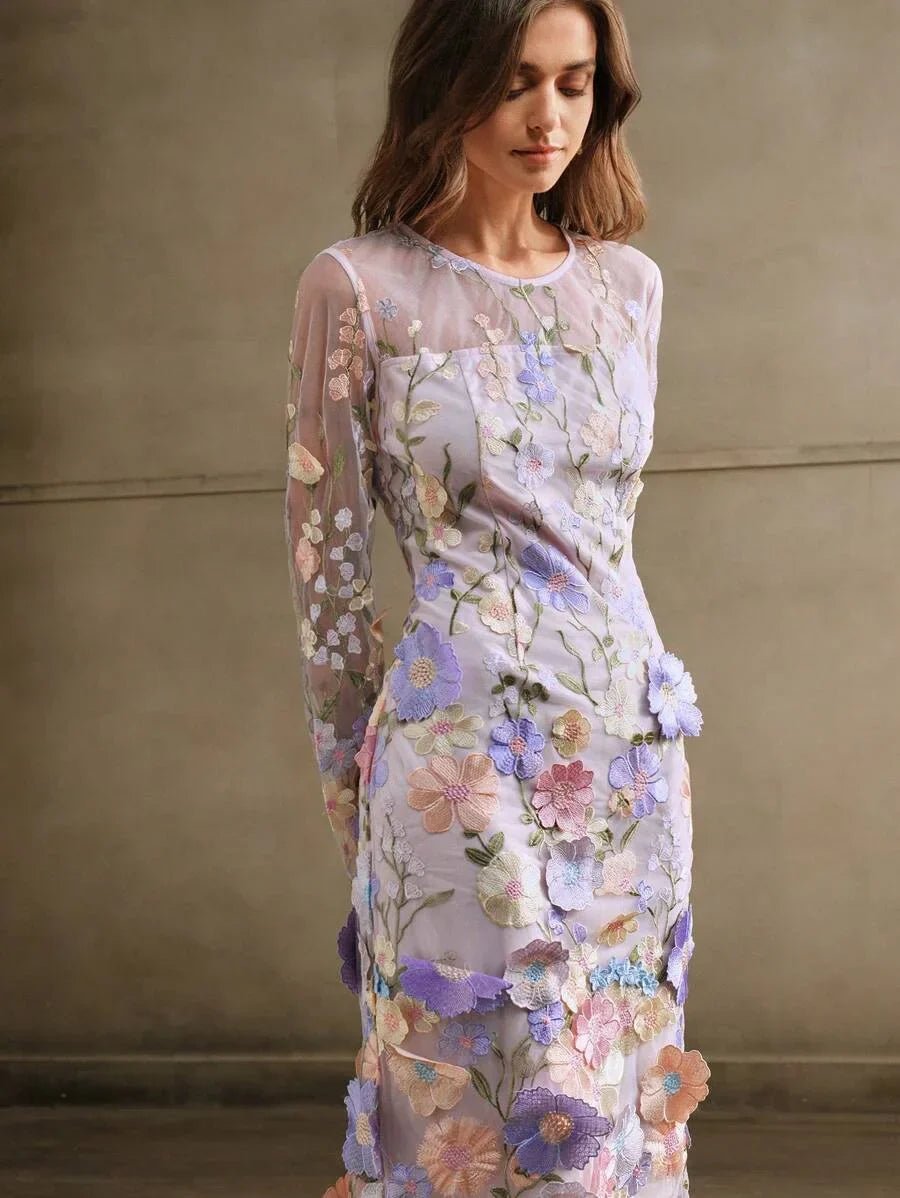 Assuntina Midi Dress - Round Neck - Long Sleeve - Floral Print - Elegant Style - Slim Fit