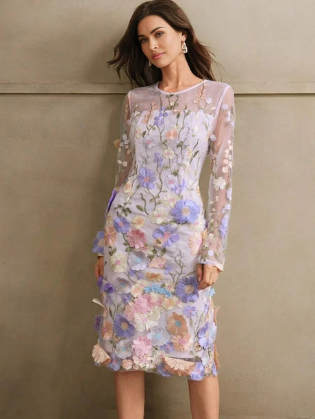 Assuntina Midi Dress - Round Neck - Long Sleeve - Floral Print - Elegant Style - Slim Fit