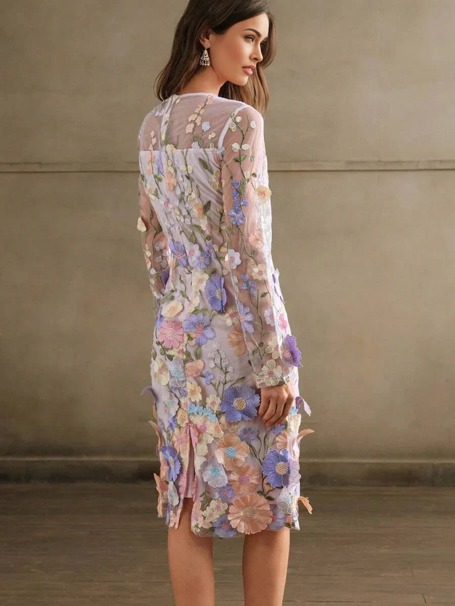 Assuntina Midi Dress - Round Neck - Long Sleeve - Floral Print - Elegant Style - Slim Fit