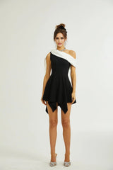 Assuntina Mini Dress - Sleeveless - Mono Shoulder - Asymmetric - Pleated
