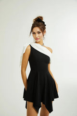 Assuntina Mini Dress - Sleeveless - Mono Shoulder - Asymmetric - Pleated