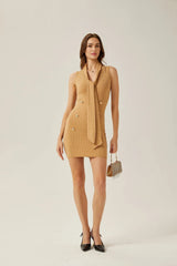 Assuntina Mini Dress - Sleeveless - Scarf Collar - Button Decoration - Fitted Silhouette
