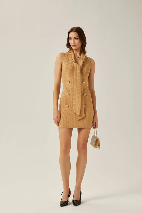 Assuntina Mini Dress - Sleeveless - Scarf Collar - Button Decoration - Fitted Silhouette