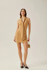Assuntina Mini Dress - Sleeveless - Scarf Collar - Button Decoration - Fitted Silhouette