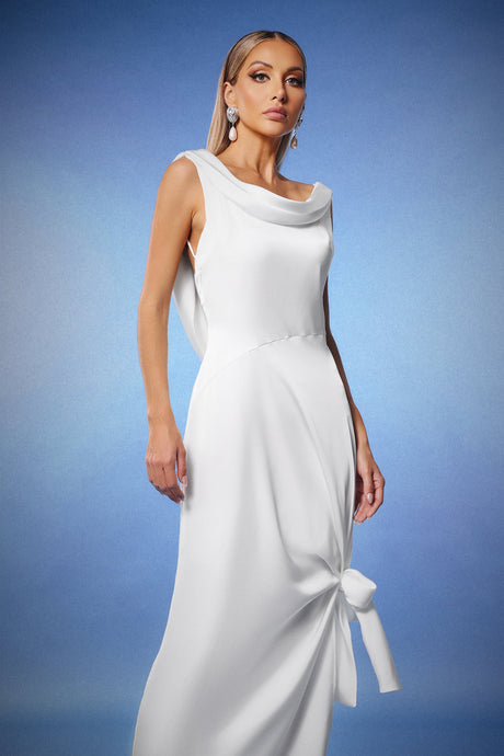 Assuntina White Sleeveless Cowl Neck Dress with Side Knot Detailing and Fishtail Hem