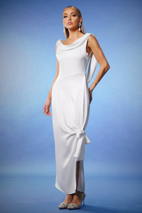 Assuntina White Sleeveless Cowl Neck Fishtail Hem Side Knot Detail Dress