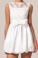 Assuntina White Lace Embroidered Flowers Sleeveless Dress with Bowknot Detailing