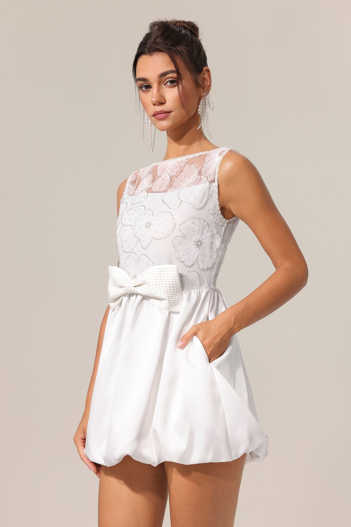 Assuntina White Lace Embroidery Flower Sleeveless Dress with Bowknot Detailing
