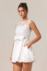 Assuntina White Lace Embroidery Flower Sleeveless Dress with Bowknot Detailing