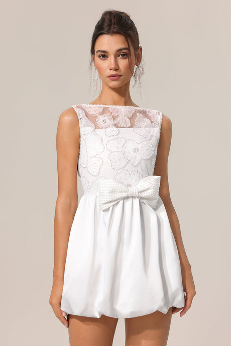 Assuntina White Lace Embroidery Flowers Sleeveless Dress with Bowknot Detailing