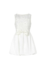 Assuntina White Lace Embroidery Flowers Sleeveless Dress with Bowknot Detailing
