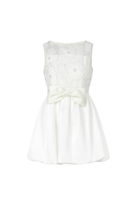 Assuntina White Lace Embroidery Flowers Sleeveless Dress with Bowknot Detailing