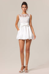 Assuntina White Lace Embroidery Flowers Sleeveless Dress with Bowknot Detailing