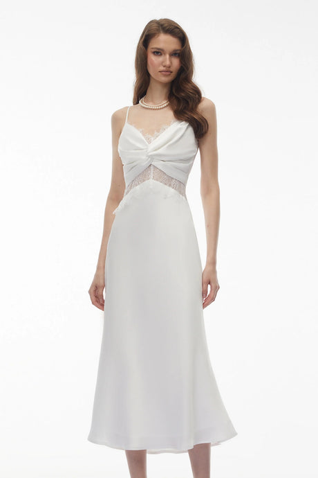 Astarte White Floral Lace Twist Midi Dress