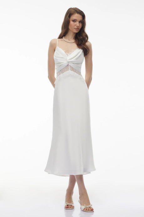 Astarte White Floral Lace Twist Midi Dress
