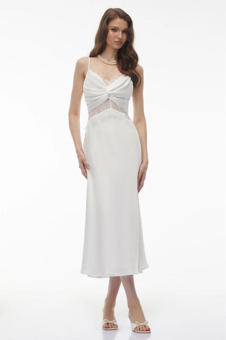 Astarte White Floral Lace Twist Midi Dress