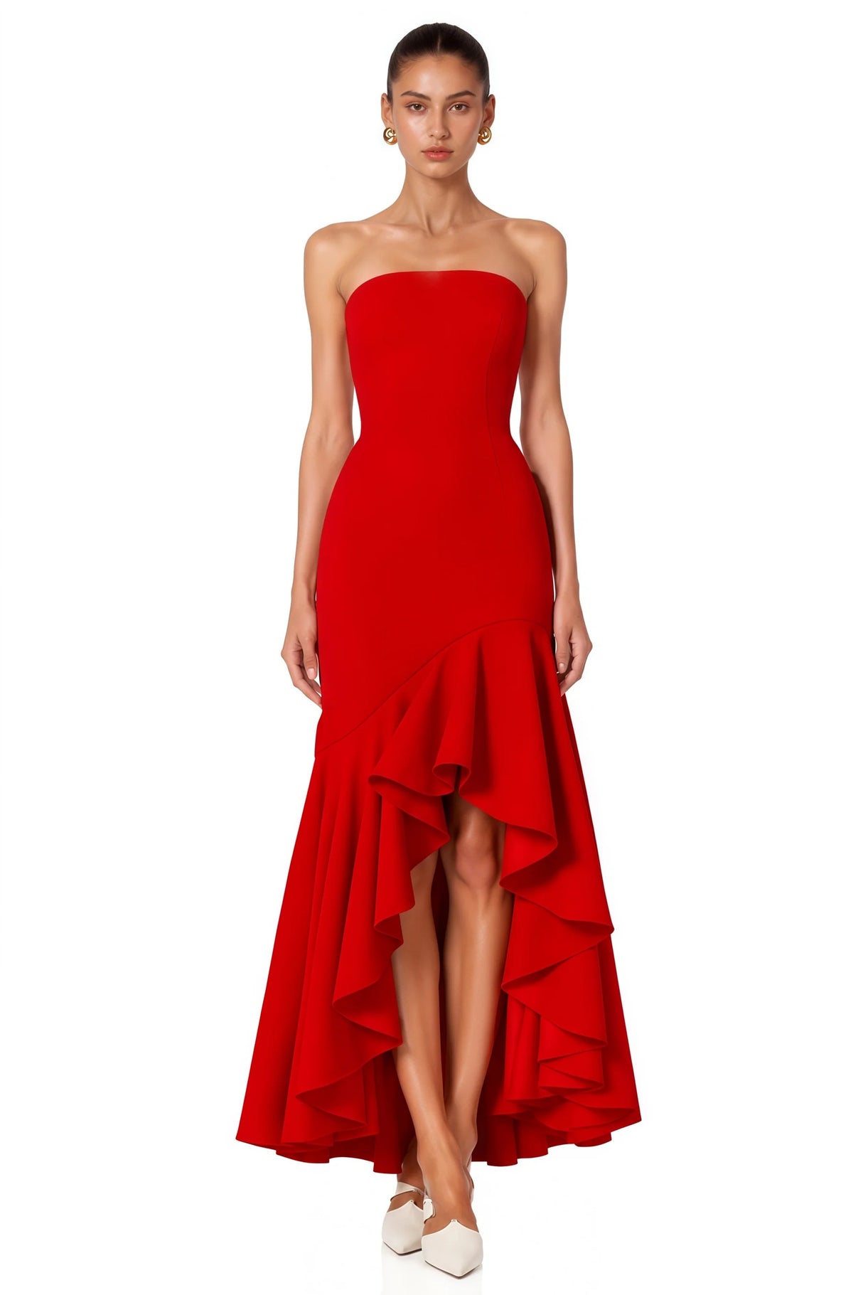 Asteria Red Strapless Maxi Dress with Ruffled Hem
