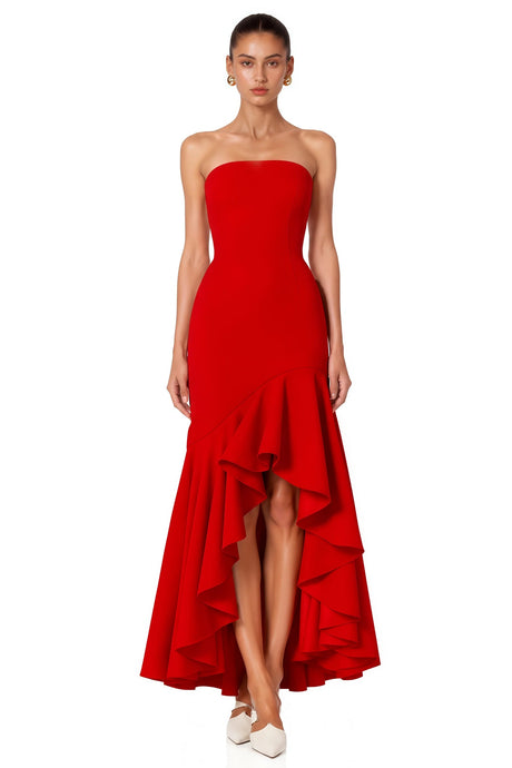 Asteria Red Strapless Maxi Dress with Ruffled Hem