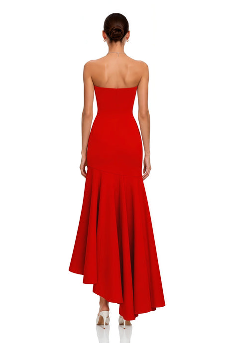 Asteria Red Strapless Maxi Dress with Ruffled Hem