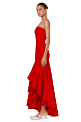 Asteria Red Strapless Maxi Dress with Ruffled Hem