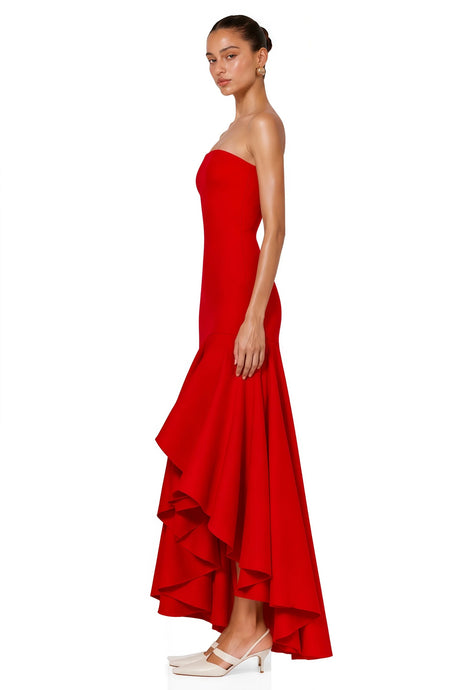 Asteria Red Strapless Maxi Dress with Ruffled Hem