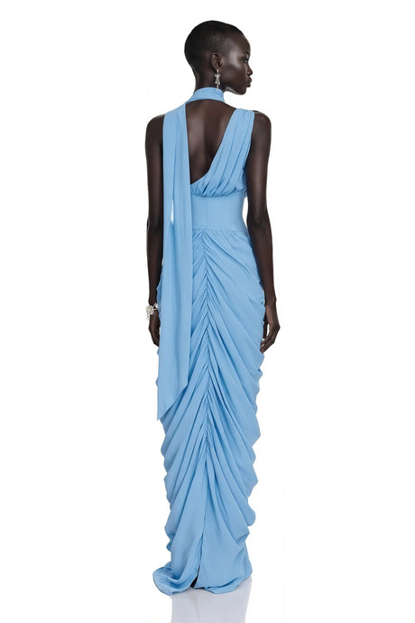 Astraelle Light Blue Ruched Halter Maxi Dress