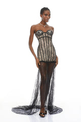 Astrid Black Floral Lace Corset Maxi Dress
