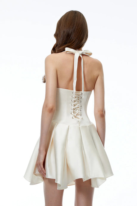 Ata White Halterneck Ruffled Mini Dress