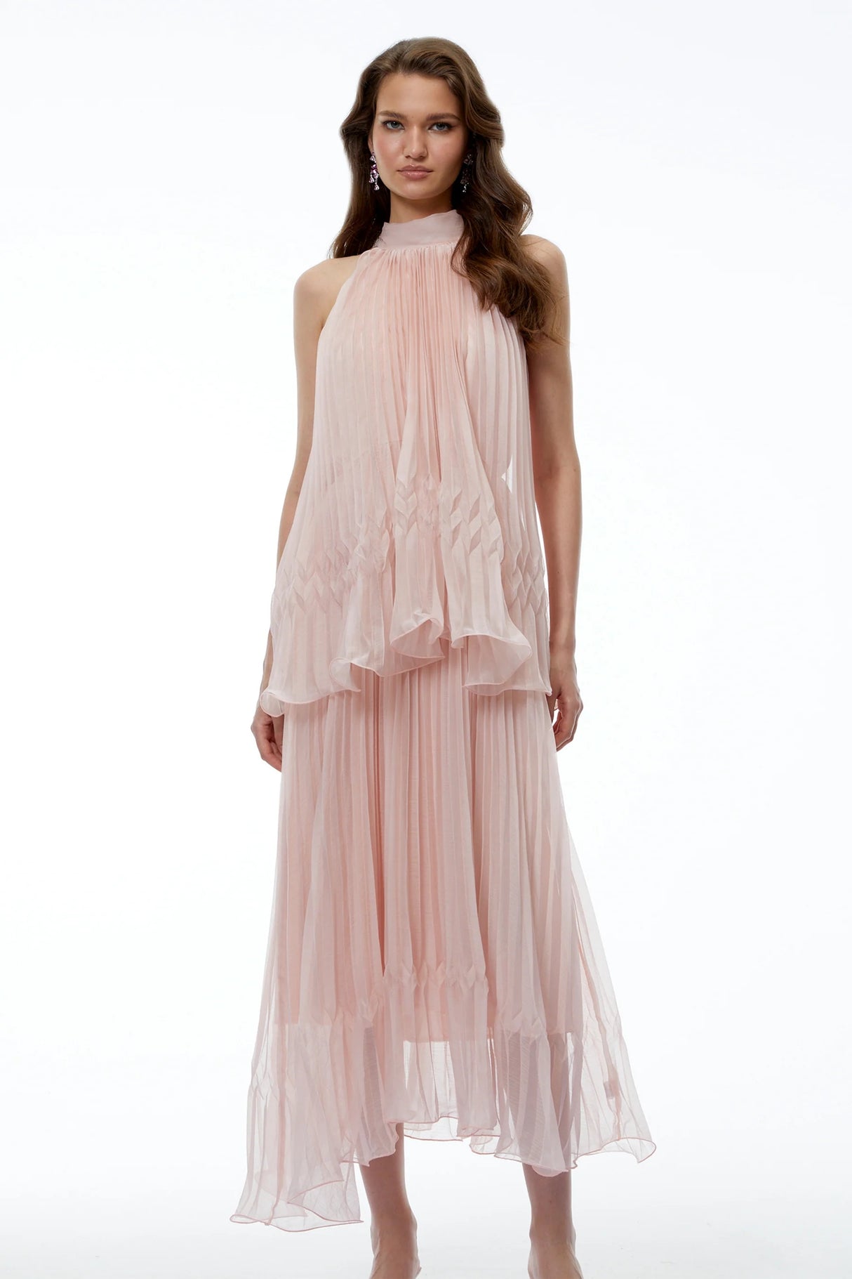 Atawhai Pink Sleeveless Pleated Midi Dress