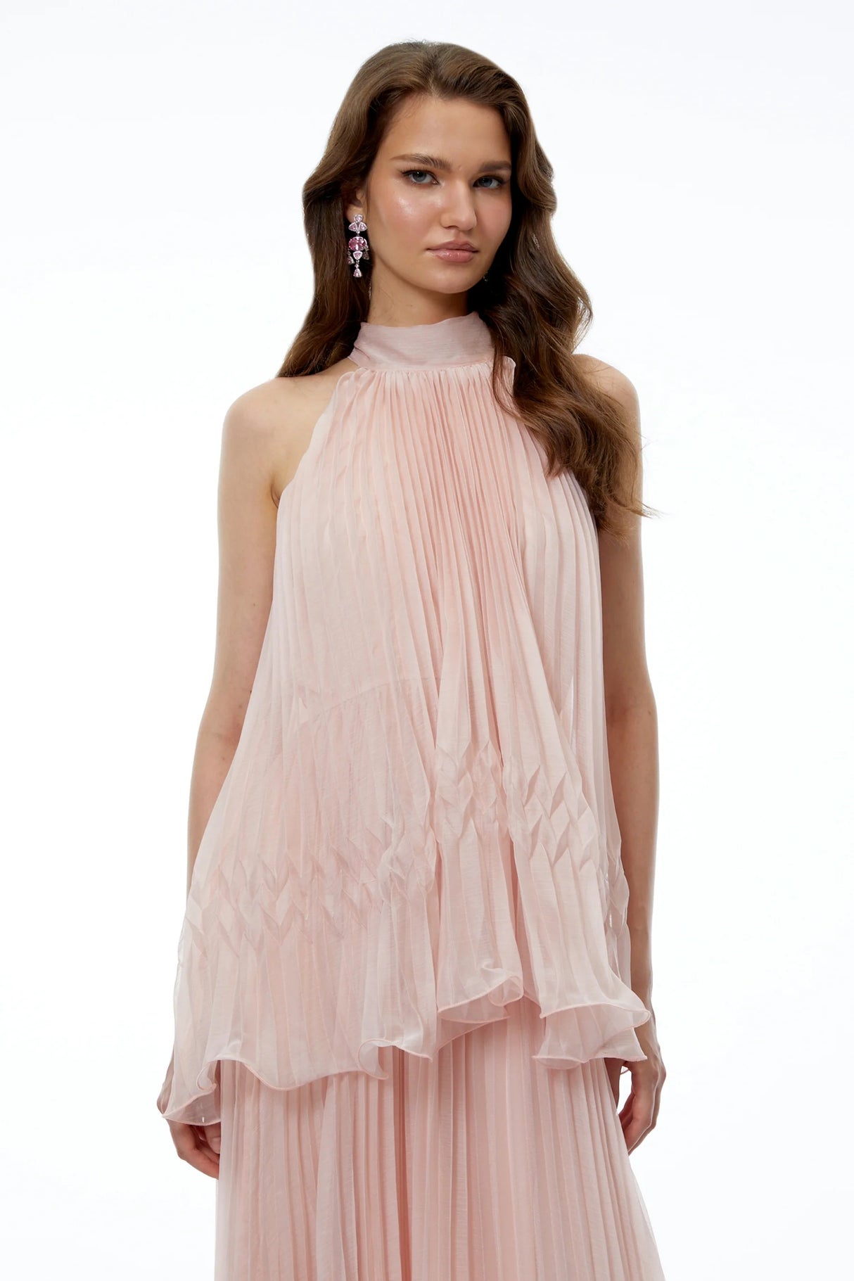 Atawhai Pink Sleeveless Pleated Midi Dress